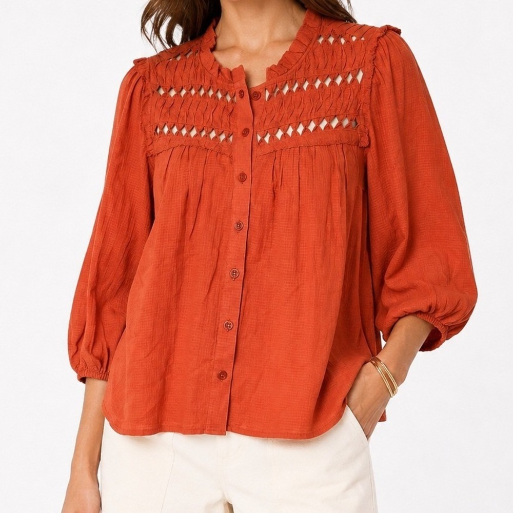 Calypso‎ St. Barth Rust Orange Cotton Gauze Smocked Eyelet Peasant Blouse M NWT
